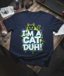 I'm A Cat Duh! humorous quote t-shirt with a stylized black cat graphic and colorful paint splatters