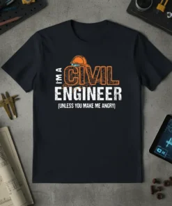 Civil Engineer quote t-shirt with orange hard hat graphic and distressed text "I'm A Civil Engineer (Unless You Make Me