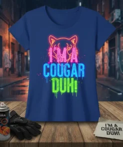 Neon text "I'M A COUGAR DUH!" with a cougar outline on a blue t-shirt