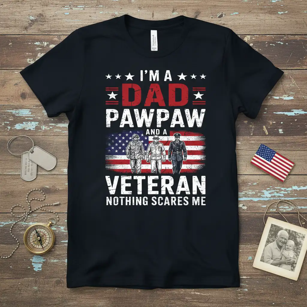 I'm A Dad Pawpaw And A Veteran Nothing Scares Me quote design with patriotic American flag and soldier illustrations