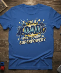 I'm a Dad What's Your Superpower? text with superhero dad graphic on blue t-shirt