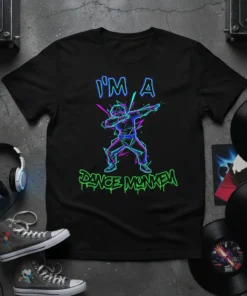 I'm A Dance Monkey text with a geometric dabbing figure in neon blue and pink on a black t-shirt