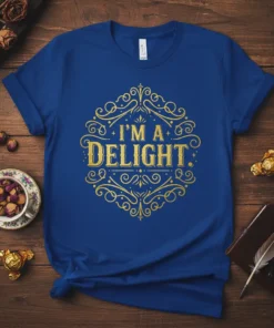 Blue t-shirt with gold ornate text that reads "I'M A DELIGHT."