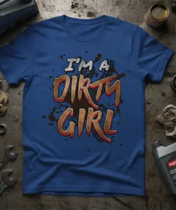 Blue t-shirt with "I'M A DIRTY GIRL" text in distressed brown and red lettering, surrounded by mud splatters and tire
