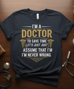 Doctor humor quote t-shirt: "I'm A Doctor To Save Time Let's Just Assume That I'm I'm Never Wrong" in bold
