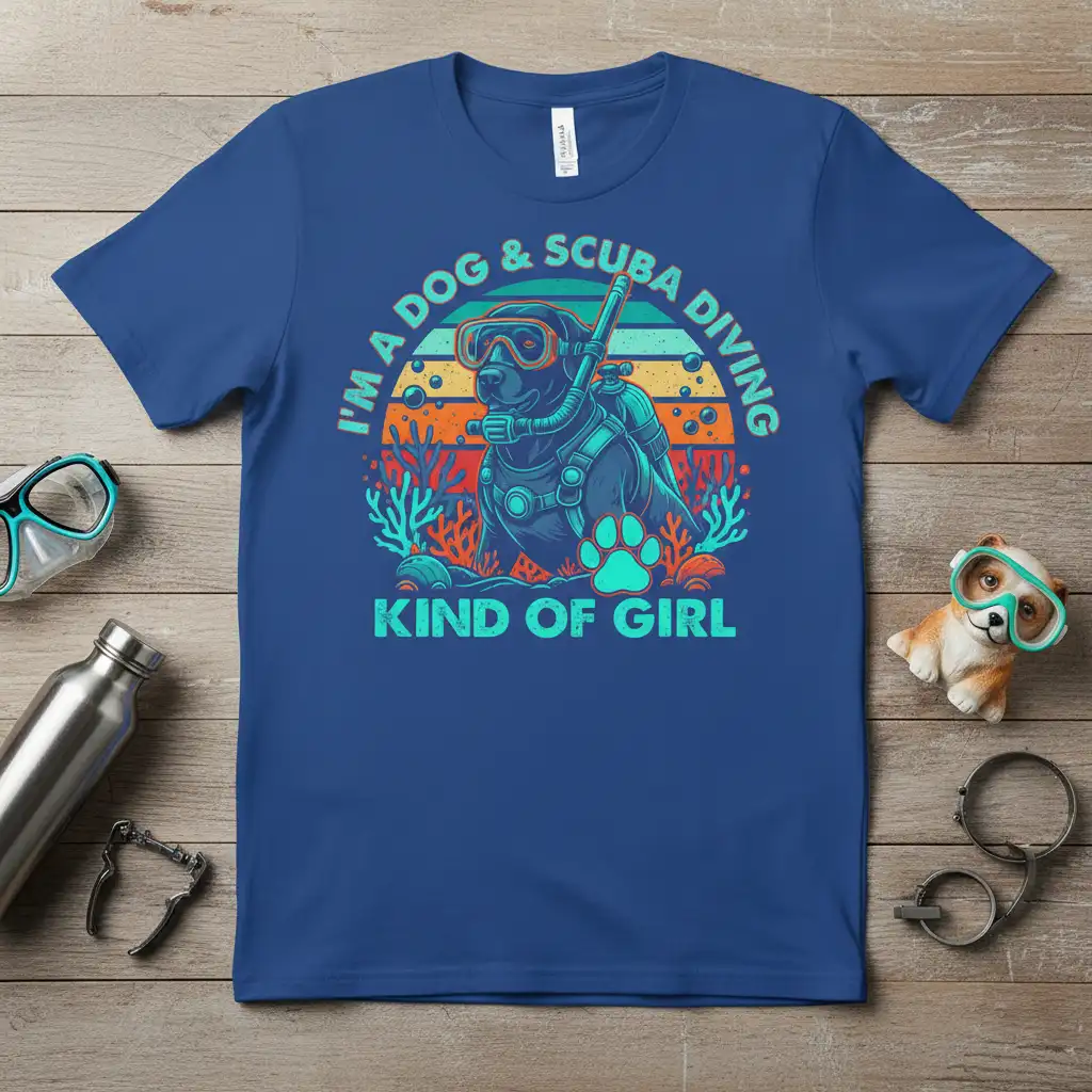 I'm a dog & scuba diving kind of girl quote with a scuba-diving dog graphic on a t-shirt