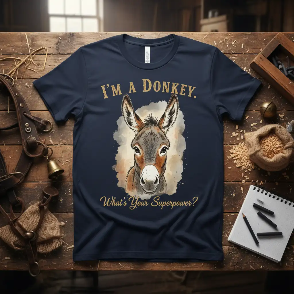 I'M A DONKEY. What's Your Superpower? bold typography printed on soft premium material creating a standout t-shirt