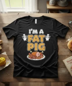 I'm A Fat Pig funny food lover t-shirt with graphic of a pig chef and ham