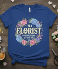 I'm a Florist I Run on Caffeine Glitter & Chaos quote on a blue t-shirt surrounded by a floral wreath