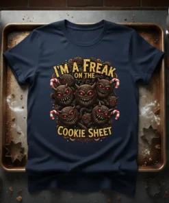 I'm A Freak On The Cookie Sheet text design with spooky cookie monsters and candy canes on a navy t-shirt