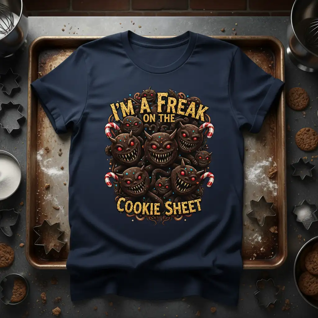 I'm A Freak On The Cookie Sheet text with spooky cookie monsters and candy canes on a navy tee