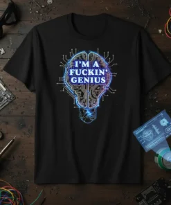 I'M A FUCKIN' GENIUS quote on a black t-shirt with a blue and purple glowing brain lightbulb circuit board design