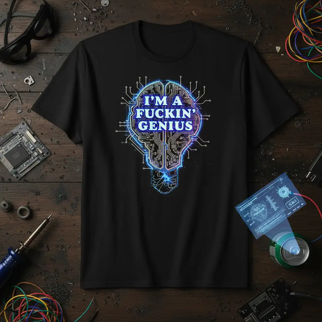 I'm A Fuckin' Genius quote in electric blue on a brain-shaped circuit board graphic, perfect for tech enthusiasts
