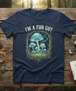 I'm A Fun Guy text with a psychedelic mushroom cluster graphic design on a navy t-shirt