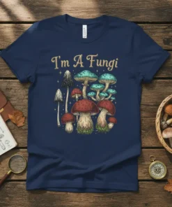 I'm A Fungi t-shirt design with vintage-style mushrooms and whimsical text in gold, featuring red and teal fungi
