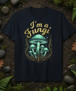 I'm a fungi t-shirt design with a smiling mushroom cluster and golden vine accents