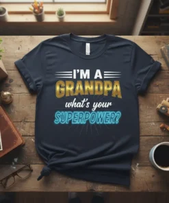I'M A GRANDPA what's your SUPERPOWER? text design on a navy t-shirt. Features gold and blue lettering
