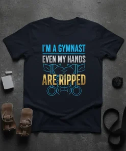 I'm A Gymnast Even My Hands Are Ripped quote on a navy t-shirt with graphics of ripped abs and gymnastics