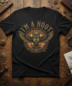 Steampunk owl t-shirt design with "I'm A Hoot" text, featuring a mechanical owl with wings spread and gears