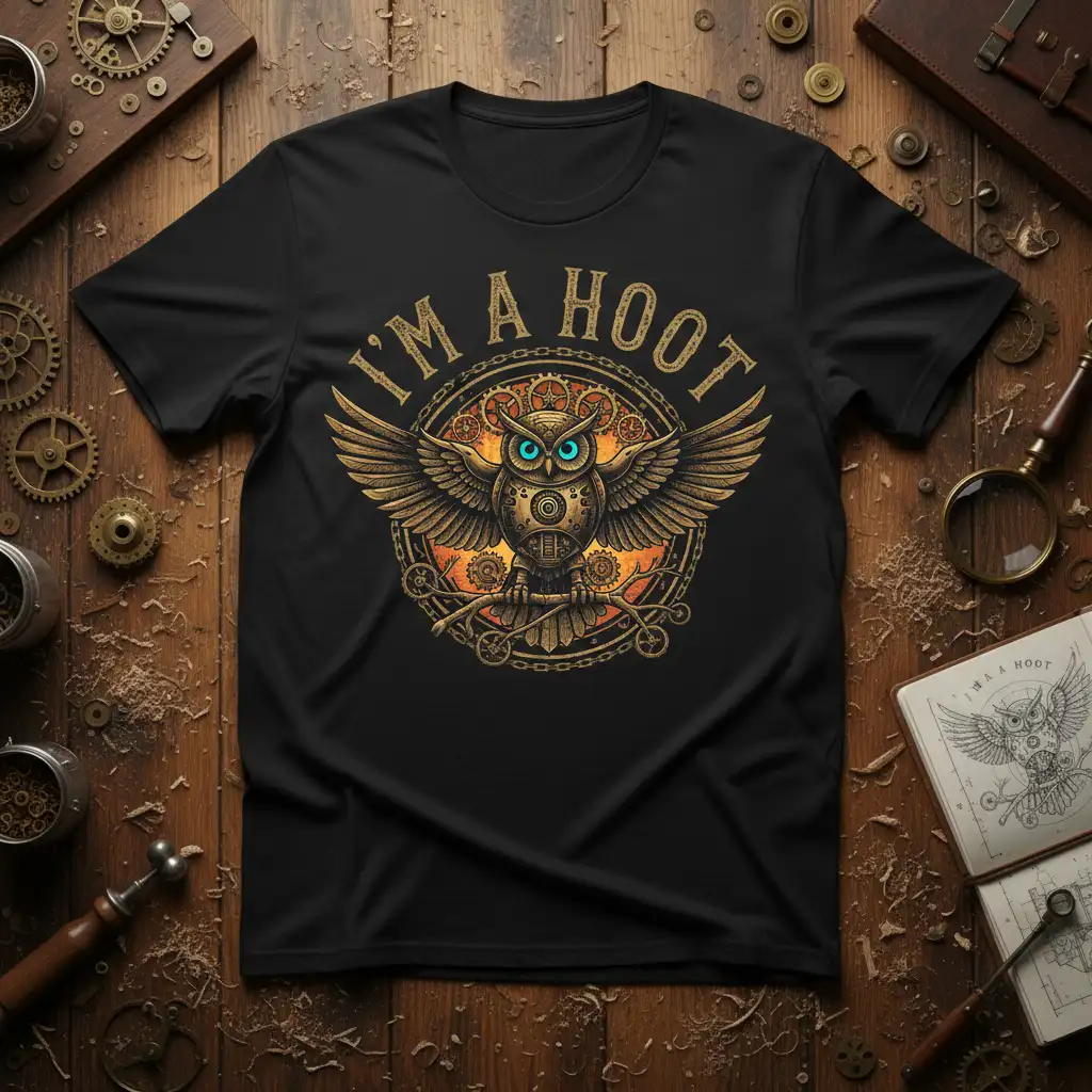 I'm A Hoot steampunk owl graphic with intricate gears and bold text on a black t-shirt