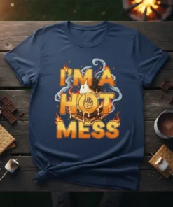 I'm a Hot Mess t-shirt design with a melting s'mores graphic surrounded by flames and smoke