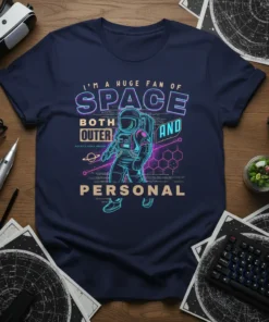 Astronaut graphic on a navy t-shirt with the quote "I'm A Huge Fan Of Space Both Outer And Personal" in