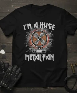 Black t-shirt with white distressed text "I'M A HUGE METAL FAN" above a vintage fan graphic and musical notes