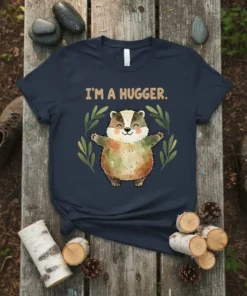 T-shirt with watercolor badger saying "I'm A Hugger." surrounded by green leaves, soft style