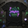 I'M A jellyfish DUH! text with neon jellyfish graphics on a black t-shirt