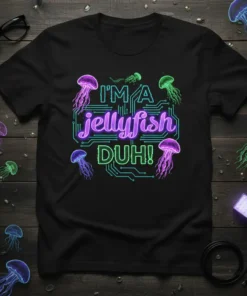 I'M A jellyfish DUH! text with neon jellyfish graphics on a black t-shirt