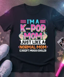 I'm A K-Pop Mom Just Like A Normal Mom Except Much Cooler text on a black t-shirt, with colorful typography