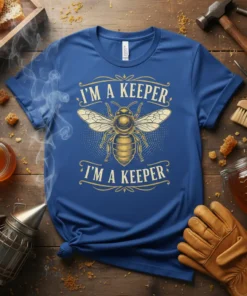 Blue t-shirt with gold text "I'm A Keeper I'm A Keeper" and a central bee graphic