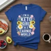 I'm A Keto Girl In A Carnie World text design with cartoon avocados, fried eggs, and popcorn graphics on a