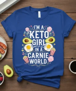I'm A Keto Girl In A Carnie World text design with cartoon avocados, fried eggs, and popcorn graphics on a