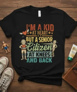 I'm a Kid at Heart But a Senior Citizen at Knees and Back humorous quote t-shirt design with vintage style