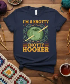 T-shirt design with text "I'm A Knotty Knotty Hooker" featuring a green ball of yarn and crochet hooks