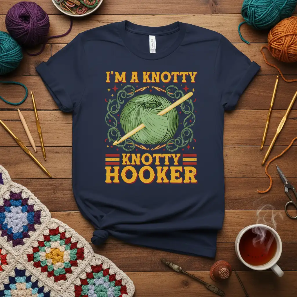 I'm A Knotty Knotty Hooker quote with yarn and crochet hooks graphic on a navy t-shirt