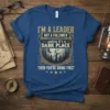 T-shirt with "I'm A Leader Not A Follower" quote and "Dark Place" graphic, dark forest moon scene, bold typography, blue