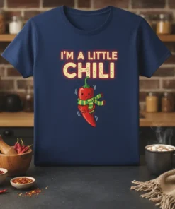 I'm a Little Chili text above a cute cartoon chili pepper wearing a scarf on a navy blue t-shirt