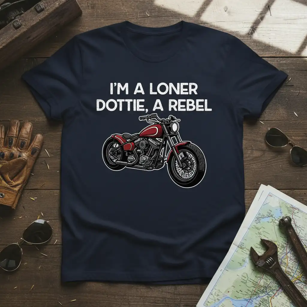 I'm A Loner Dottie, A Rebel quote and red motorcycle graphic on a navy blue t-shirt