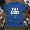 I'M A LOSER graffiti t-shirt with a pixelated sad face graphic. White and neon green drip effect on text