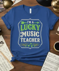 I'm a Lucky Music Teacher text design with green arrows and musical notes on a blue t-shirt