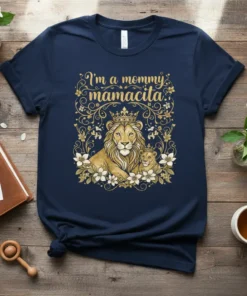 I'm a Mommy Mamacita t-shirt design featuring a crowned lion and cub surrounded by floral accents