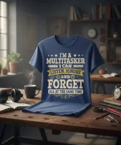 Navy blue t-shirt with bold yellow and white text: "I'm A Multitasker I Can Listen, Ignore And Forget All At