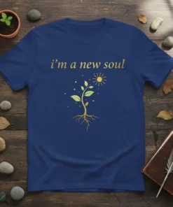I'm A New Soul quote with a golden plant and sun graphic on a navy blue t-shirt