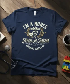 I'm a Nurse And A Mom Nothing Scares Me text with caduceus and heart graphic on a navy blue t-shirt