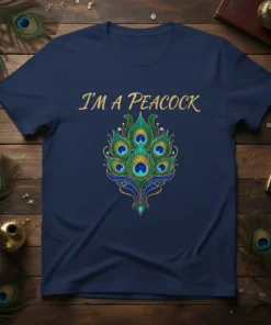 I'm A Peacock T-Shirt featuring a detailed, colorful peacock feather design in gold and blue hues