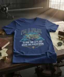 I'm A Pilot To Save Time Let's Just Assume That I'm Never Wrong quote on a blue t-shirt with a