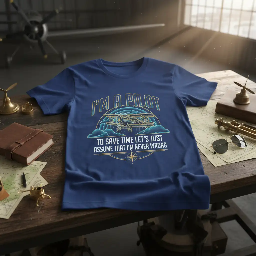 I'm A Pilot To Save Time Let's Just Assume That I'm Never Wrong quote with biplane graphic on blue t-shirt