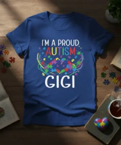 I'm a Proud Autism GiGi T-Shirt with colorful puzzle heart graphic, celebrating autism awareness